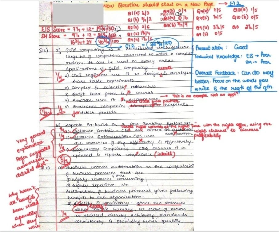 Checked answer sheet showing step marks, remarks and overall feedback